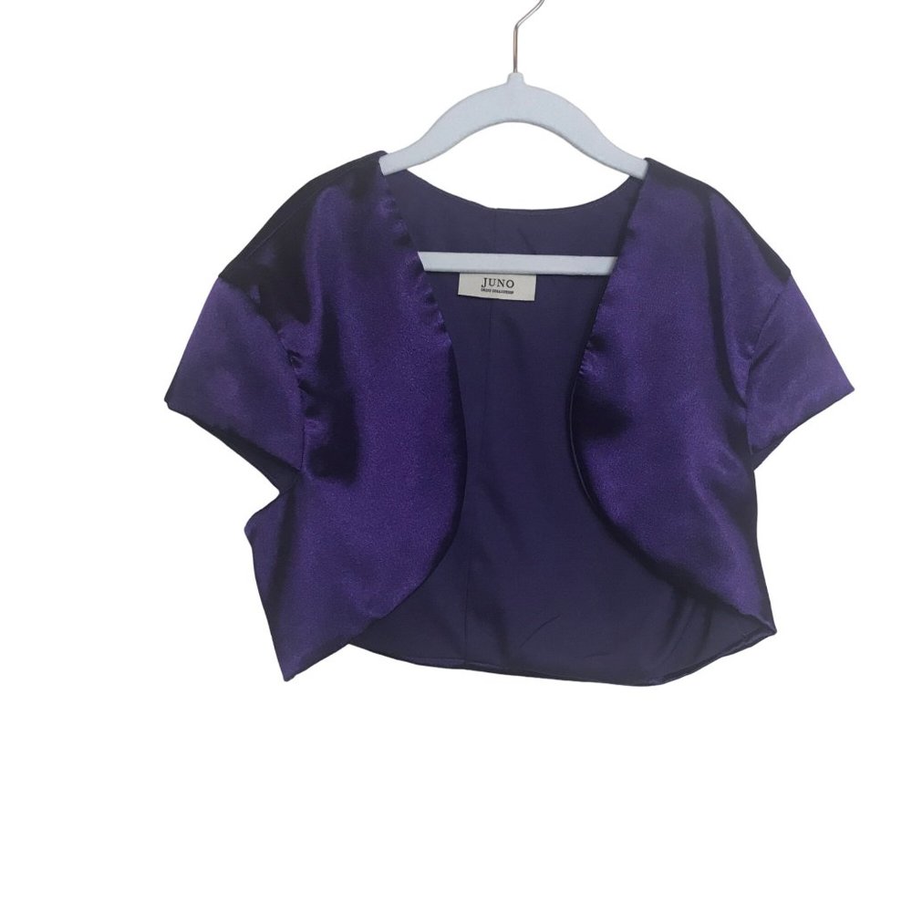 Juno Dress Collection Purple Satin Bolero Jacket Shrug Cap Sleeve Cropped XS